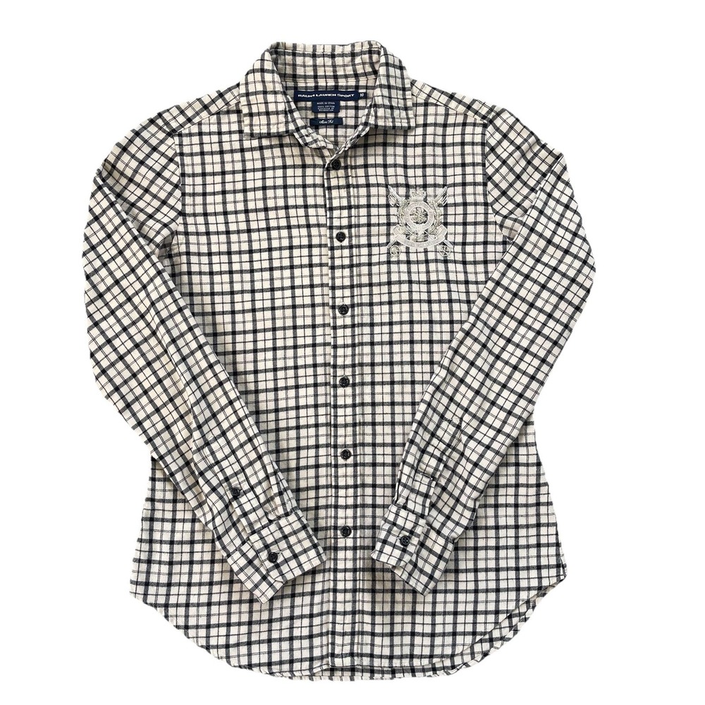 Ralph Lauren Sport Shirt Women Size 10 Black Cream Plaid Long Sleeve Slim Crest